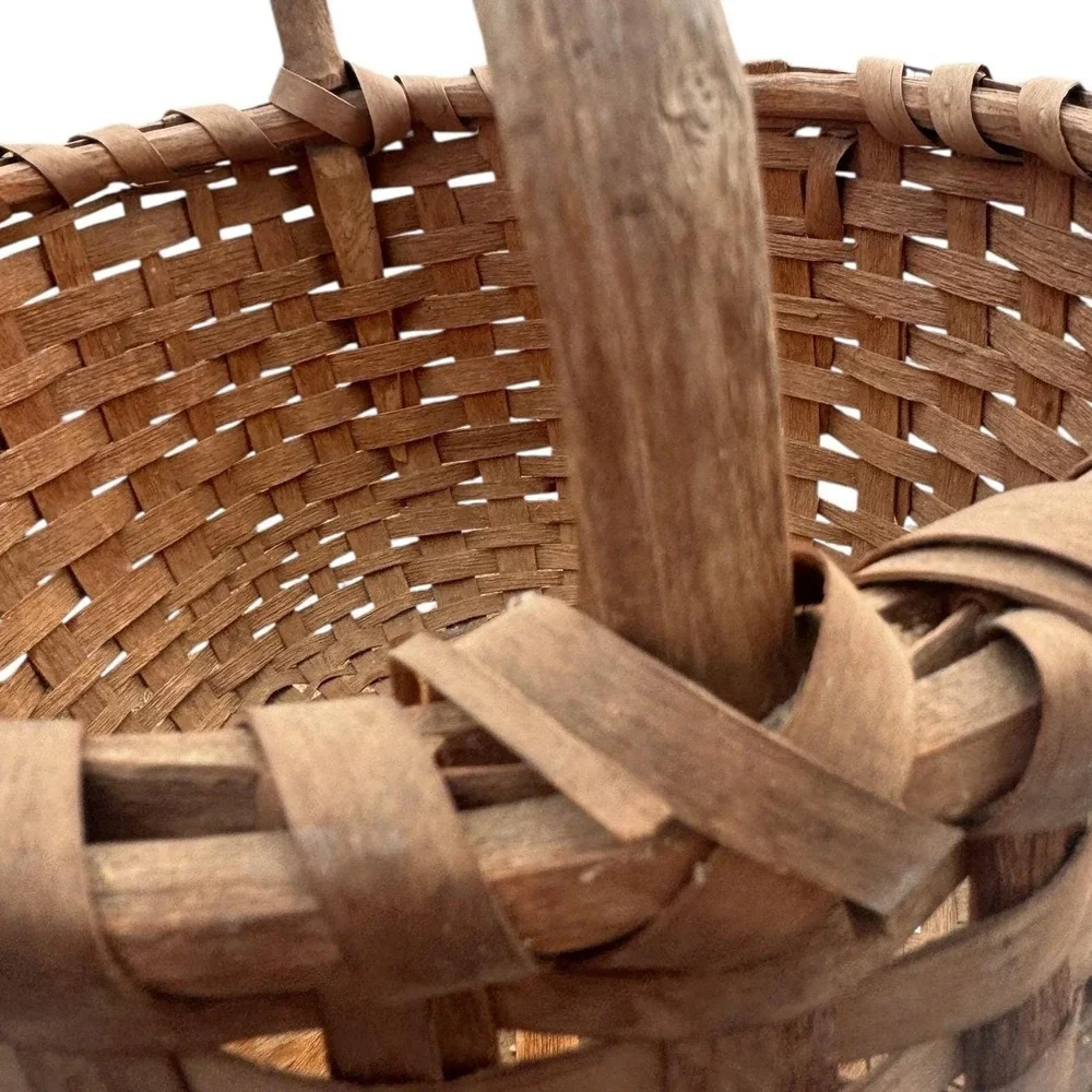 Vintage‎ Primitive Hand Woven Splint Wood Gathering Basket Fixed Handle Brown